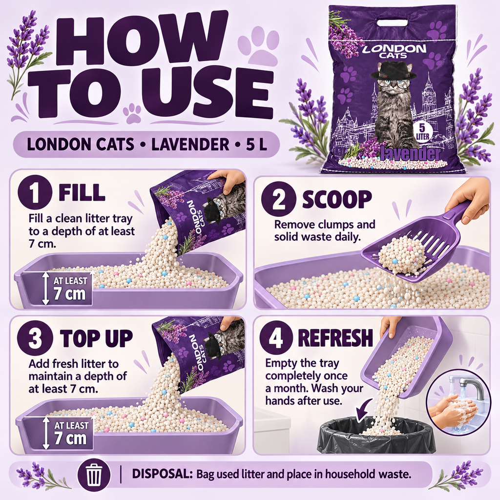 London Cats cat litter instructions: fill to at least 7 cm, scoop daily, top up and replace completely monthly.
