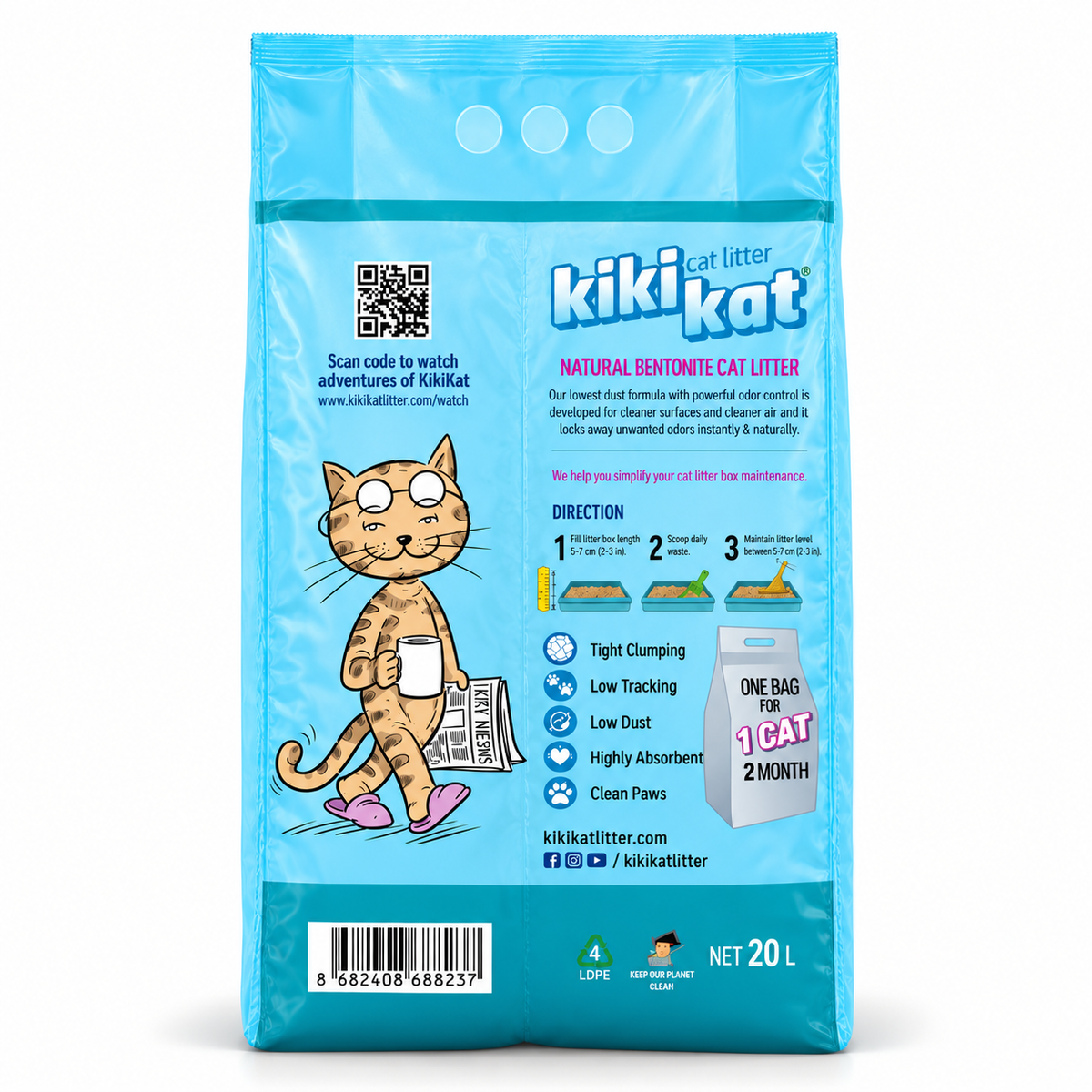 Back of the Kiki Kat Mountain Fresh 20 L bag, showing usage directions, product features and barcode.
