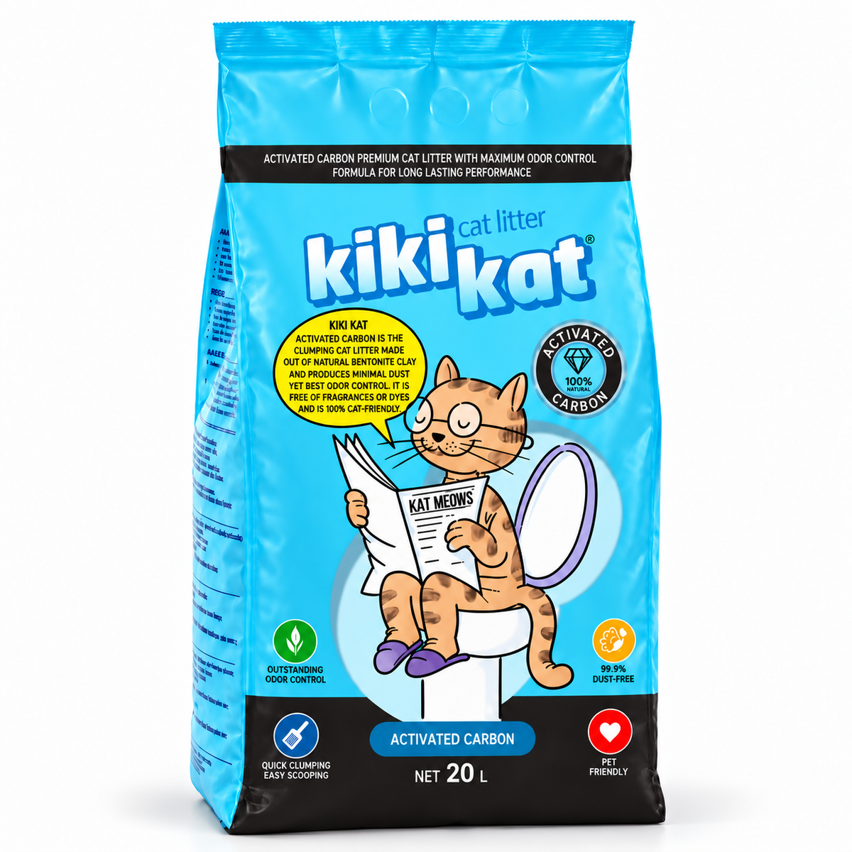 Front of the Kiki Kat Activated Carbon 20 L cat litter bag, showing the cartoon cat and product features.