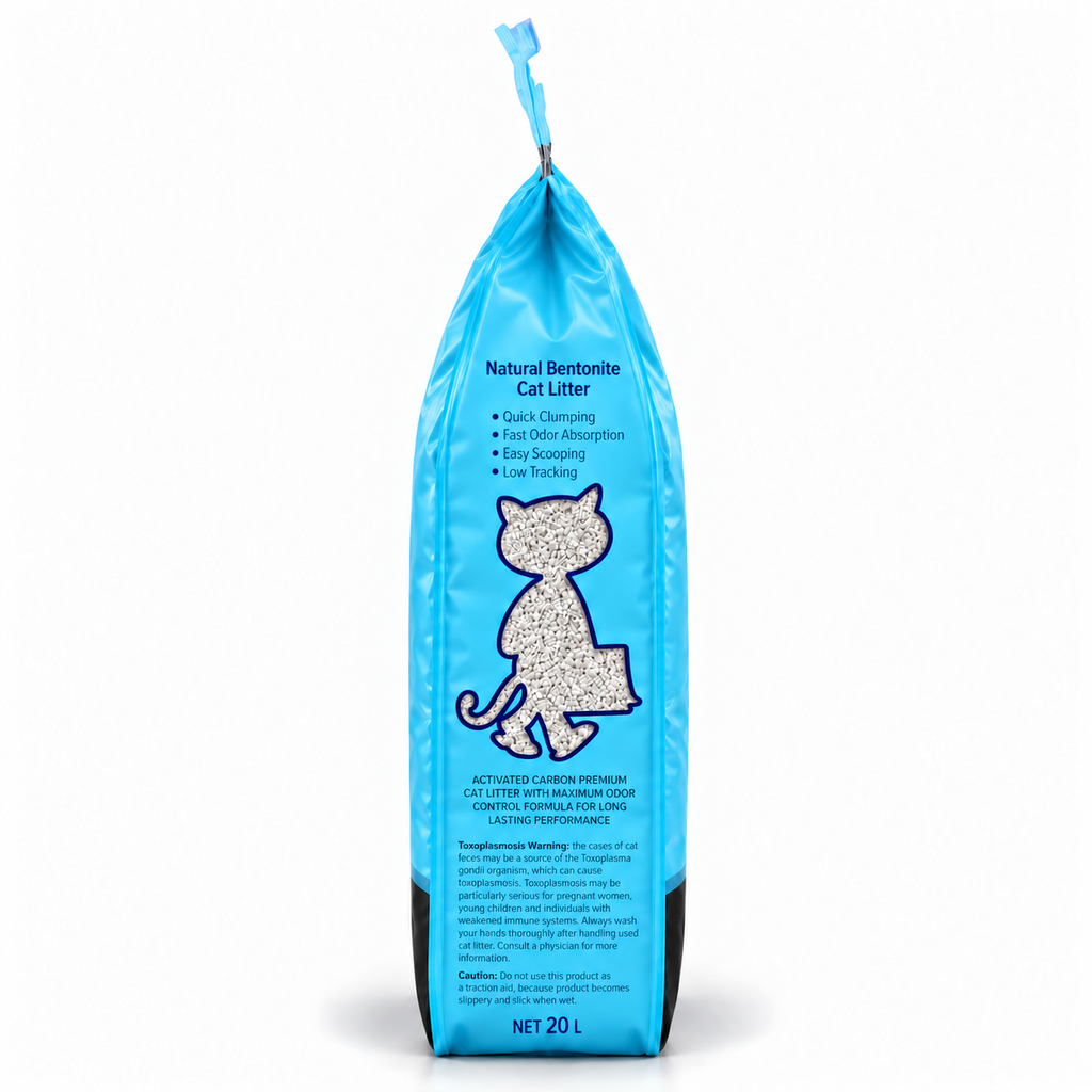 Side of the blue Kiki Kat Activated Carbon 20 L bag, showing clumping, odour absorption, easy scooping and low-tracking features.