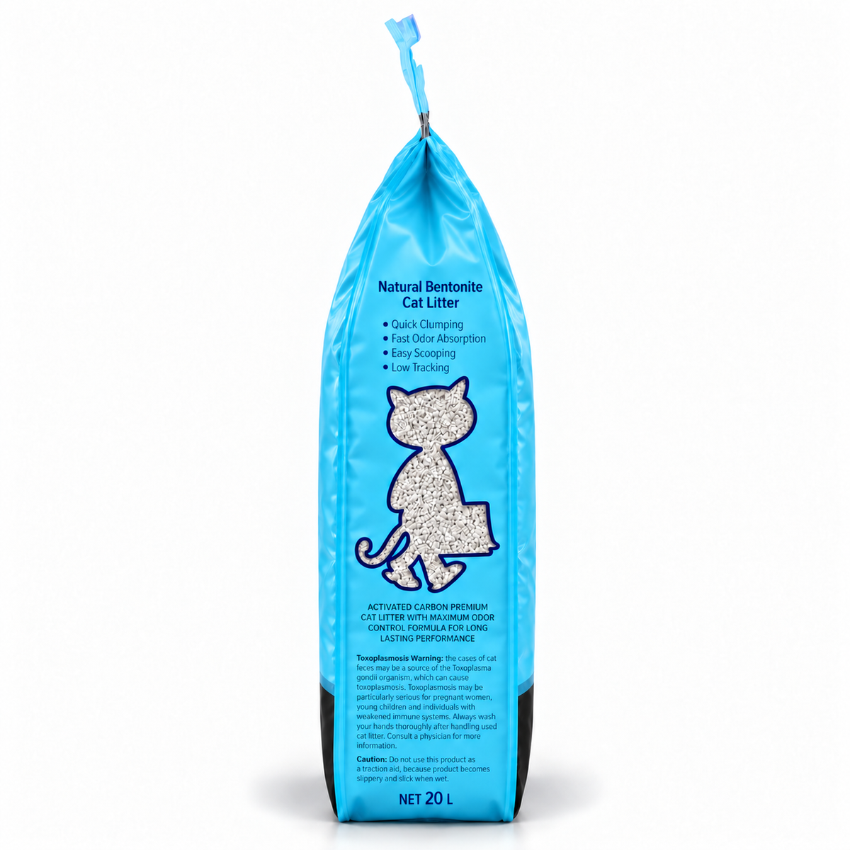 Side of the blue Kiki Kat Activated Carbon 20 L bag, showing clumping, odour absorption, easy scooping and low-tracking features.